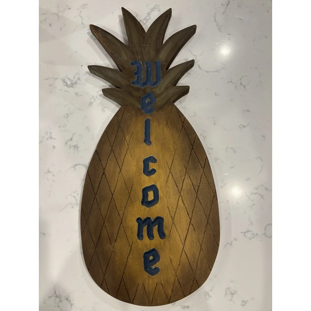 VTG Handmade Handpainted Wooden Pineapple WELCOME Sign Wallhanging Primitive 21